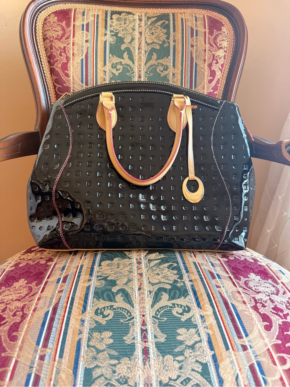 Arcadia Black Patent Tote with Tan Trim and Handles